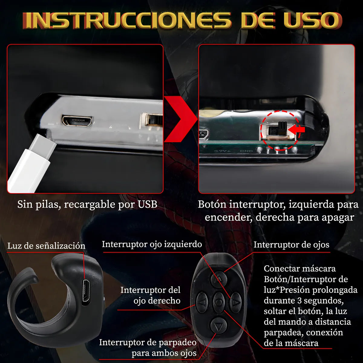 MASCARA SPIDERMAN ORIGINAL MARVEL® CONTROL REMOTO+LUCES