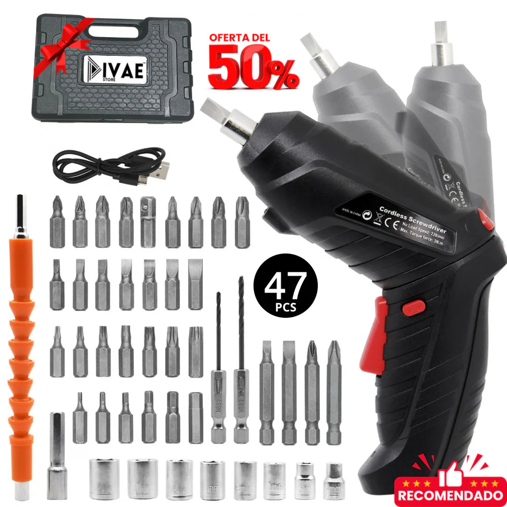 Kit destornillador eléctrico + 47 Piezas + Maletin